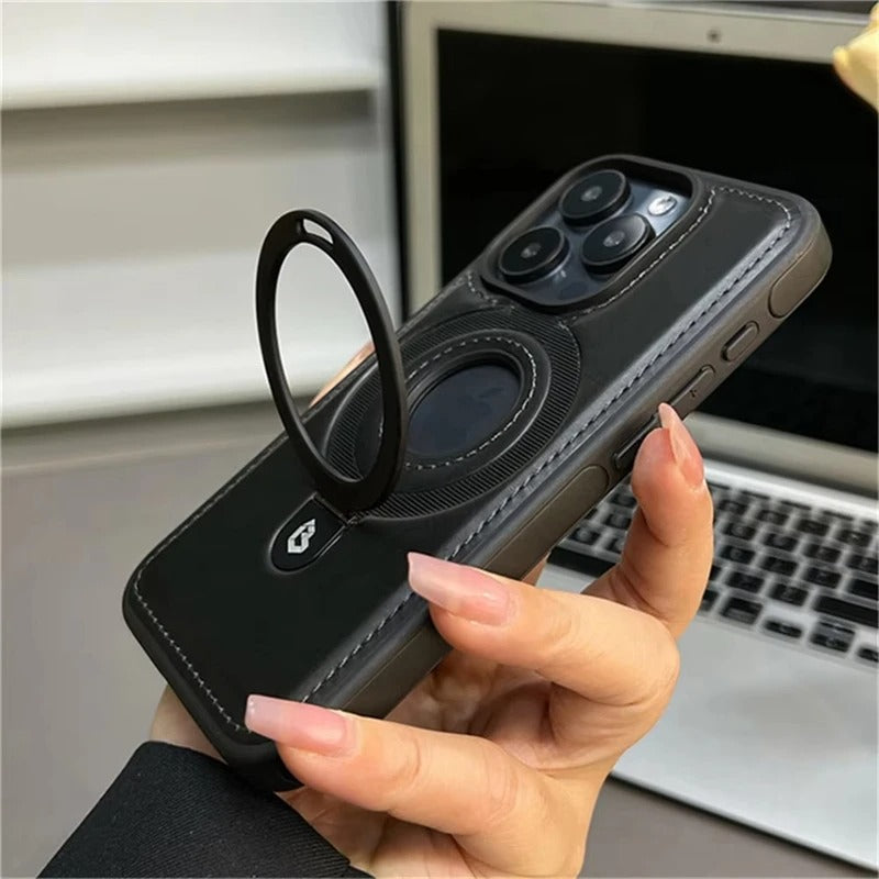 Luksusowe skórzane etui na iPhone'a z wbudowaną podstawką