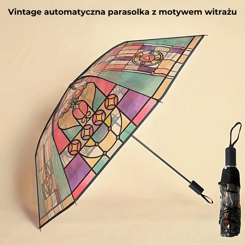 Vintage automatyczna parasolka z motywem witrażu – stylowa i praktyczna