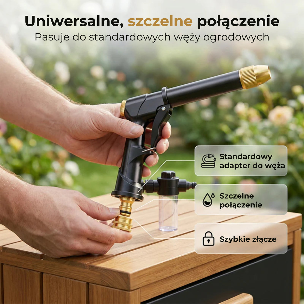 Pistoletowa końcówka do węża ogrodowego z dozownikiem piany