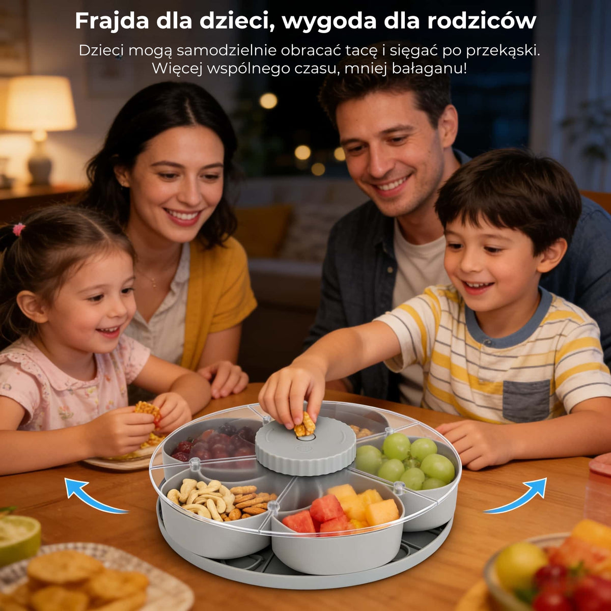 Obrotowa taca na przekąski z 5 przegrodami