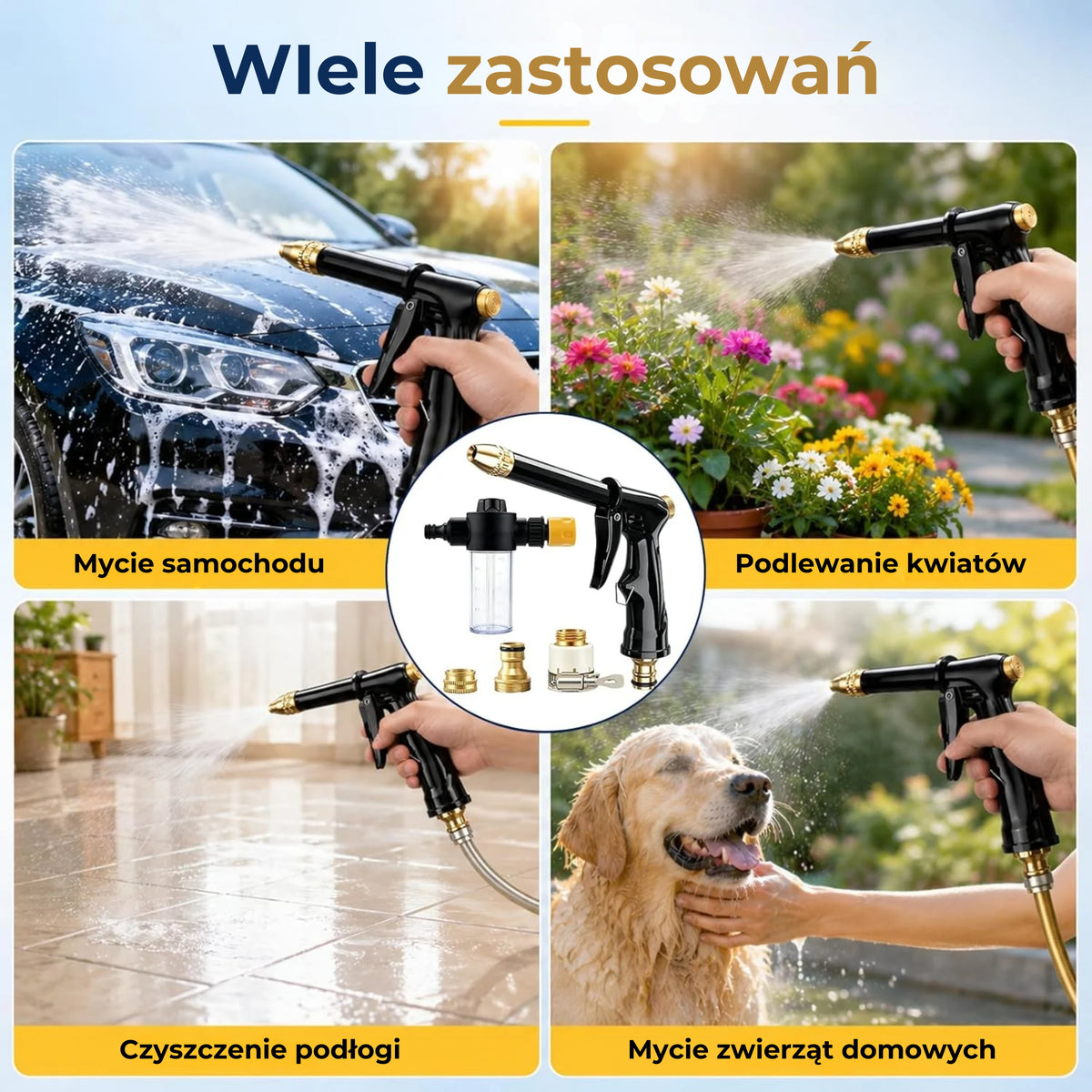 Pistoletowa końcówka do węża ogrodowego z dozownikiem piany
