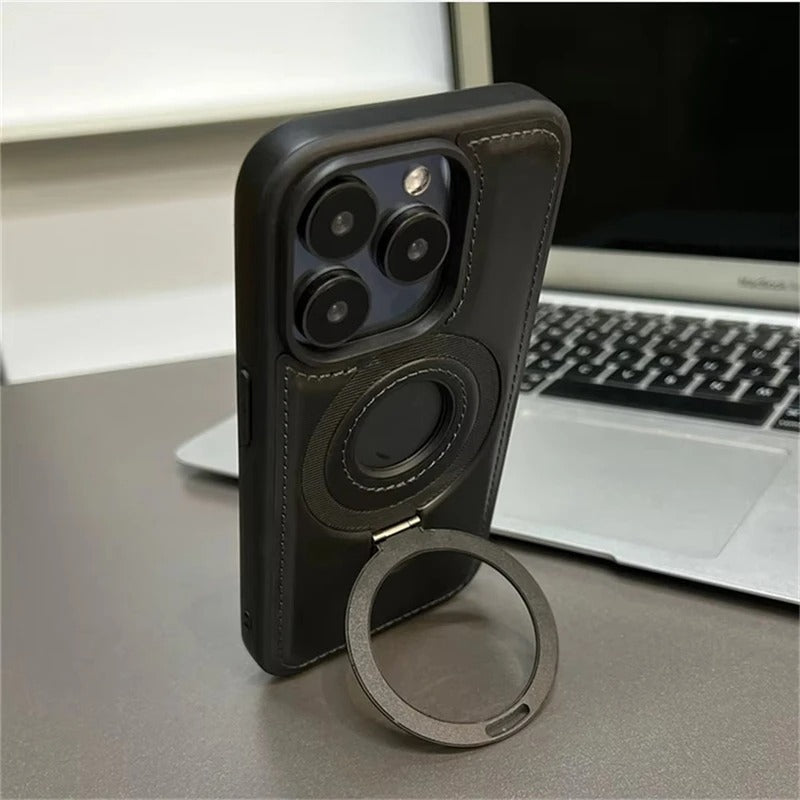 Luksusowe skórzane etui na iPhone'a z wbudowaną podstawką